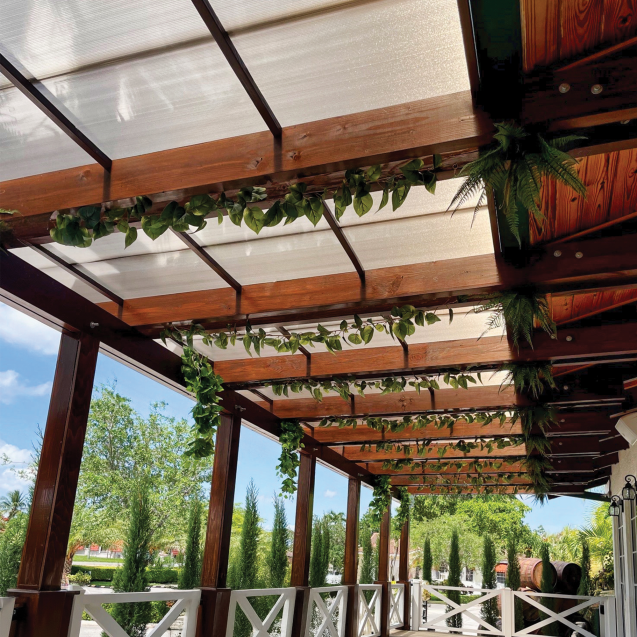 A Skypoly Hercules Bronze Pergola with vines sits over an outdoor restaurant area with white tables and chairs flanked by small Florida Evergreen Trees.